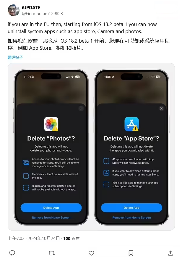 黄圃镇苹果手机维修分享iOS 18.2 支持删除 App Store 应用商店 